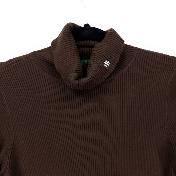 Lauren Ralph Lauren Women's Ribbed Turtleneck Size Large Embroidered Logo Brown - Picture 7 of 9